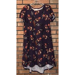 Lularoe Womens Purple‎ Feather Print Pocket Short Sleeve Hi-Low Dress Size M